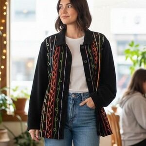 White Stag $89 Small Oversized Black Colorful Embroidered Chenille Button Jacket
